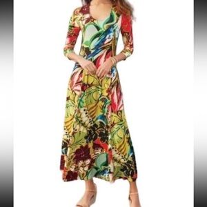 NWT Soft Surroundings Colorful Stretch Knit Tropical Magnolia Midi Dress Women L